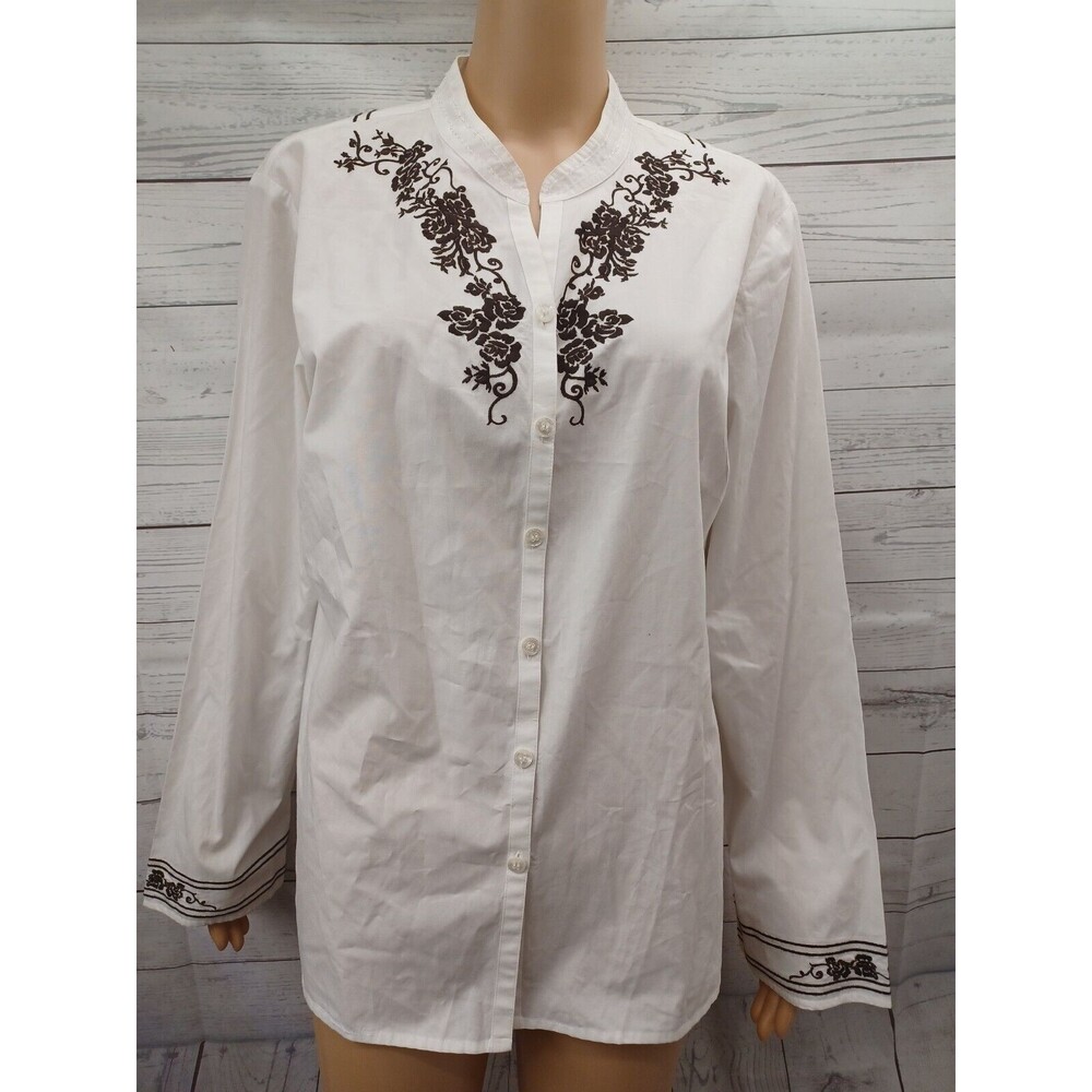 EMMA JAMES White Cotton Button front Blouse Embroidered Details Sz 16
